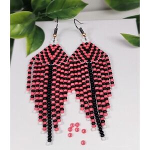 Beaded Pink  Seed Bead Tassel Dangle Earrings